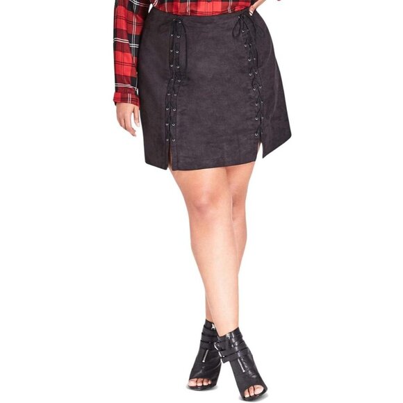 City Chic Womens Plus Sz 24 Faux Suede Comfy Skirt Front Lace Up Wimsigoth Emo - Picture 9 of 12